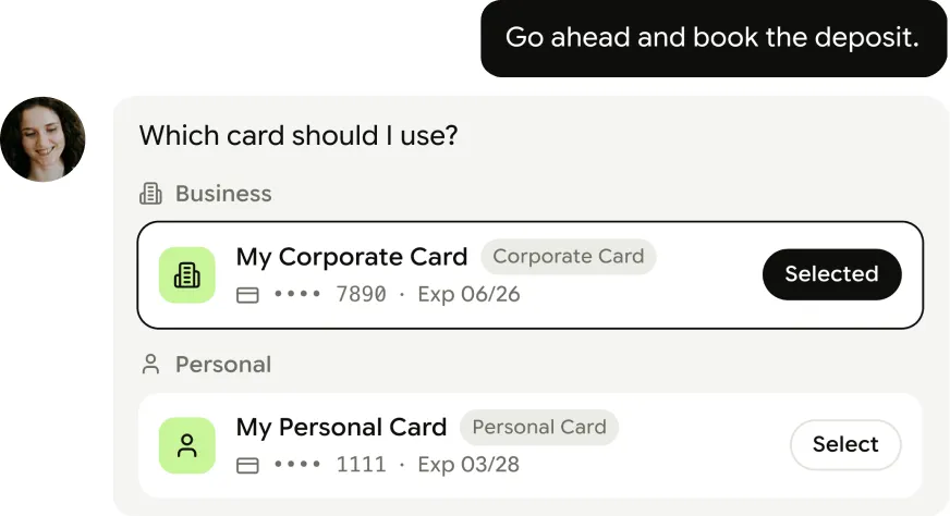 The Supermanager app asking which card to use, with the corporate card selected