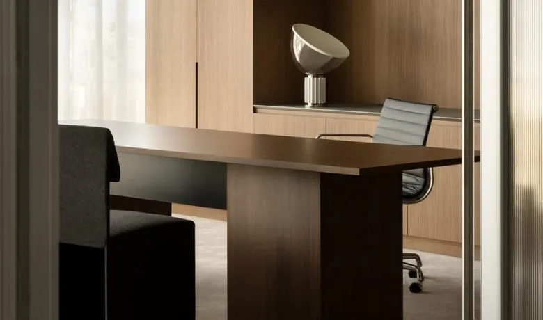 An empty office with a dark wooden desk and a desk lamp