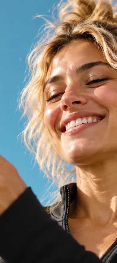 A woman smiling with her eyes closed in the sun