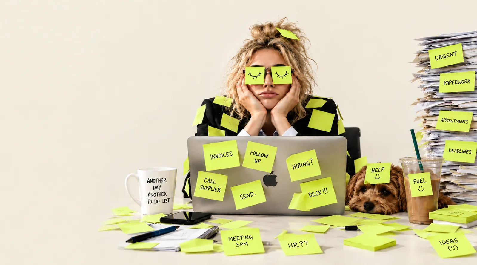 A woman at her desk with sticky notes over her eyes, her laptop and blazer covered in notes, a puppy peeking over the desk